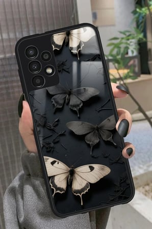 Samsung Galaxy A52 Uyumlu Siyah Kelebek Tasarımlı Parlak Silikon Kılıf