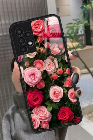 Samsung Galaxy A52 Uyumlu Pembe Çiçek Tasarımlı Parlak Silikon Kılıf