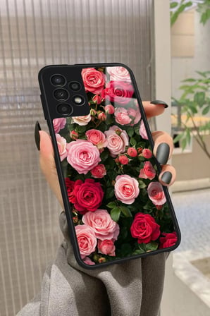 Samsung Galaxy A52 Uyumlu Pembe Çiçek Tasarımlı Parlak Silikon Kılıf