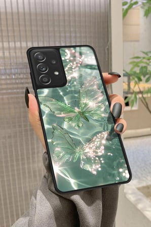 Samsung Galaxy A72 Uyumlu Yeşil Kelebek Tasarımlı Parlak Silikon Kılıf