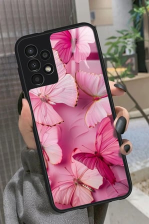 Samsung Galaxy A73 Uyumlu Pembe Kelebek Tasarımlı Parlak Silikon Kılıf