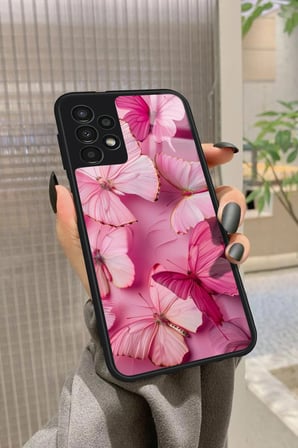 Samsung Galaxy A73 Uyumlu Pembe Kelebek Tasarımlı Parlak Silikon Kılıf