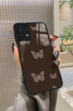 Samsung Galaxy A73 Uyumlu Kahverengi Kelebek Tasarımlı Parlak Silikon Kılıf