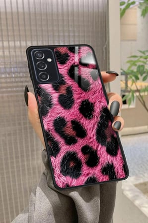 Samsung Galaxy M52 Uyumlu Pembe Leopar Tasarımlı Parlak Silikon Kılıf