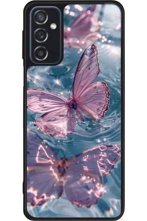 Samsung Galaxy M52 Uyumlu Pembe Kelebek Tasarımlı Parlak Silikon Kılıf