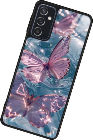 Samsung Galaxy M52 Uyumlu Pembe Kelebek Tasarımlı Parlak Silikon Kılıf