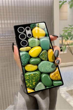 Samsung Galaxy S23 Ultra Uyumlu Yeşil&Sarı Taş Tasarımlı Parlak Silikon Kılıf