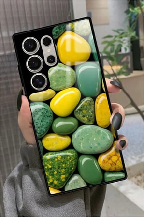 Samsung Galaxy S23 Ultra Uyumlu Yeşil&Sarı Taş Tasarımlı Parlak Silikon Kılıf