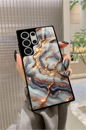 Samsung Galaxy S23 Ultra Uyumlu Beyaz&Altın Mermer Tasarımlı Parlak Silikon Kılıf