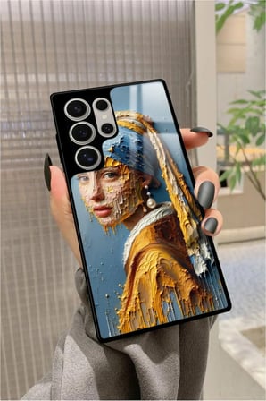 Samsung Galaxy S23 Ultra Uyumlu İnci Küpeli Kız Tablo Tasarımlı Parlak Silikon Kılıf
