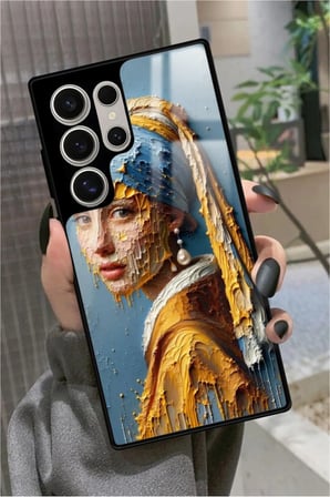Samsung Galaxy S23 Ultra Uyumlu İnci Küpeli Kız Tablo Tasarımlı Parlak Silikon Kılıf
