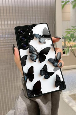 Samsung Galaxy S25 Ultra Uyumlu Siyah Kelebek Tasarımlı Parlak Silikon Kılıf