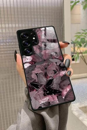 Samsung Galaxy S25 Ultra Uyumlu Pembe Kelebek Tasarımlı Parlak Silikon Kılıf