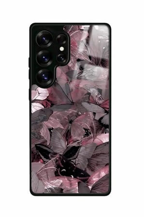 Samsung Galaxy S25 Ultra Uyumlu Pembe Kelebek Tasarımlı Parlak Silikon Kılıf