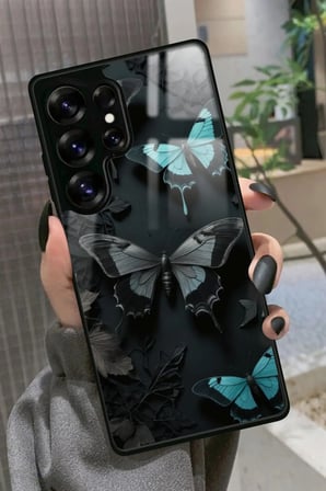 Samsung Galaxy S25 Ultra Uyumlu Siyah Kelebek Tasarımlı Parlak Silikon Kılıf