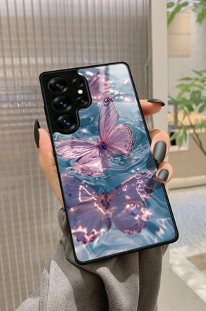 Samsung Galaxy S25 Ultra Uyumlu Pembe Kelebek Tasarımlı Parlak Silikon Kılıf