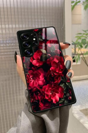 Samsung Galaxy S25 Ultra Uyumlu Kırmızı Çiçek Tasarımlı Parlak Silikon Kılıf
