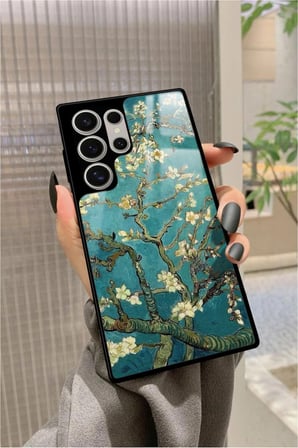 Samsung Galaxy S22 Ultra Uyumlu Van Gogh Yeşil Ağaç Tablo Tasarımlı Parlak Silikon Kılıf