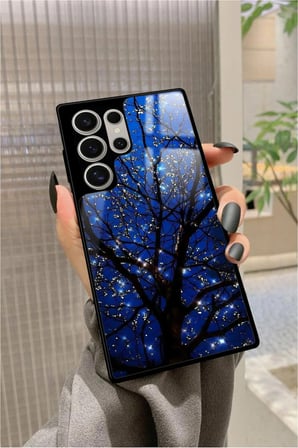Samsung Galaxy S22 Ultra Uyumlu Van Gogh Mavi Ağaç Tablo Tasarımlı Parlak Silikon Kılıf