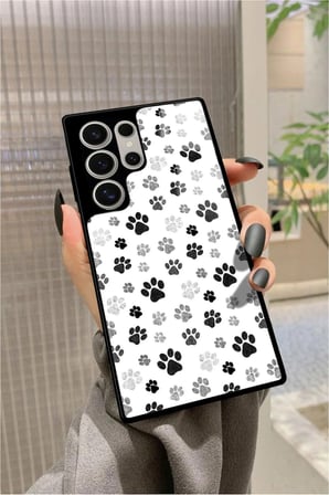 Samsung Galaxy S22 Ultra Uyumlu Siyah-Beyaz Kedi Patisi Tasarımlı Parlak Silikon Kılıf