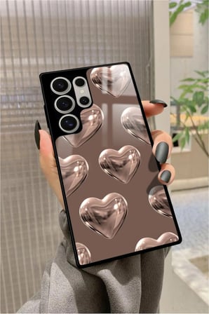 Samsung Galaxy S22 Ultra Uyumlu Kahverengi Kalp Tasarımlı Parlak Silikon Kılıf