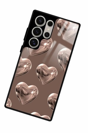 Samsung Galaxy S22 Ultra Uyumlu Kahverengi Kalp Tasarımlı Parlak Silikon Kılıf