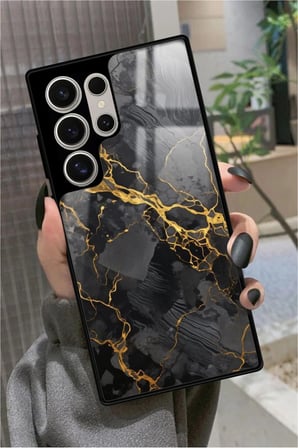 Samsung Galaxy S24 Ultra Uyumlu Siyah Mermer Tasarımlı Parlak Silikon Kılıf