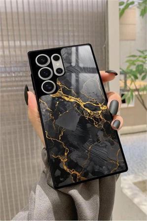 Samsung Galaxy S24 Ultra Uyumlu Siyah Mermer Tasarımlı Parlak Silikon Kılıf