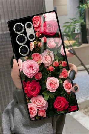 Samsung Galaxy S24 Ultra Uyumlu Pembe Çiçek Tasarımlı Parlak Silikon Kılıf
