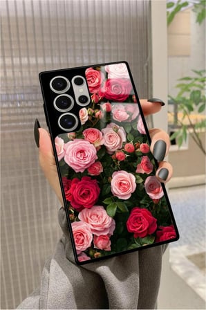 Samsung Galaxy S24 Ultra Uyumlu Pembe Çiçek Tasarımlı Parlak Silikon Kılıf