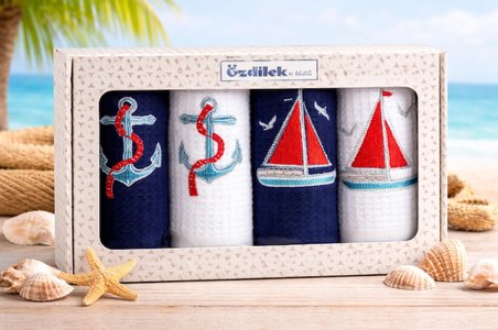Özdilek Deniz Temalı 4’lü Nakışlı Mutfak & El Havlusu Seti 40X60 cm %100 Pamuk – Ultra Yumuşak, Yüksek Emicilik, Şık Hediye Kutulu