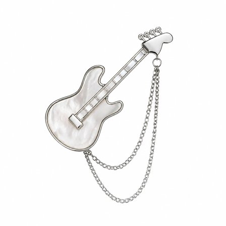 Gitar Broş Gümüş Renk Çift Zincirli Unisex Müzisyen Hediyelik Yaka Aksesuarı