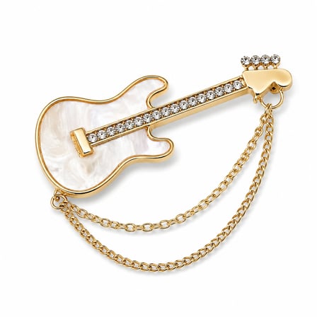 Gold Renk Gitar Broş Çift Zincirli Unisex Müzisyen Hediyelik Yaka Aksesuarı