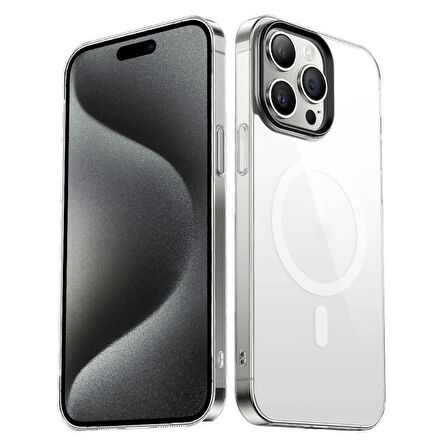 iPhone 15 Pro Max Uyumlu Kılıf Wireless Şarj Özellikli Şeffaf G-Glass Kapak