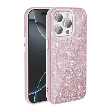 Apple iPhone 15 Pro Kılıf Magsafe Şarj Özellikli Parlayan Simli Okso Kapak