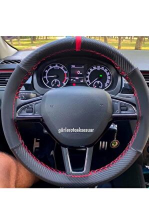 Skoda Scala Uyumlu Dikmeli Direksiyon Kılıfı Alkantara Karbon Kırmızı Yüzüklü