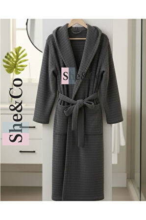 Antrasit Kapüşonlu Fitilli Dokuma Pamuklu Erkek Bornoz - Yumuşak Dokulu