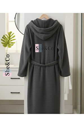 Antrasit Kapüşonlu Fitilli Dokuma Pamuklu Erkek Bornoz - Yumuşak Dokulu
