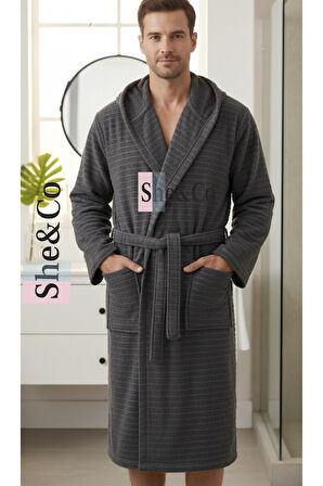 Antrasit Kapüşonlu Fitilli Dokuma Pamuklu Erkek Bornoz - Yumuşak Dokulu