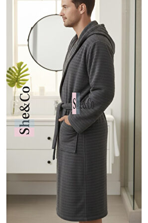 Antrasit Kapüşonlu Fitilli Dokuma Pamuklu Erkek Bornoz - Yumuşak Dokulu