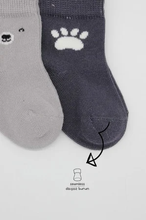 NessiWorld Bear Penye Soket Çorap 2'Li BS10116 Gri