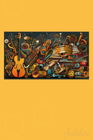 Modern Renkli Müzik Aletleri Duvar Tablosu Yatay Kanvas Tekli Salon Mutfak Yatak Odası Ofis