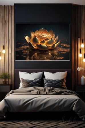 Modern Gold 3D Efekt Lotus Çiçeği Duvar Tablosu Yatay Kanvas Tekli Salon Mutfak Yatak Odası Ofis