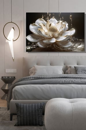 Modern Dekoratif Tekli Kanvas Tablo Yatay Salon Mutfak Yatak Odası Ofis Beyaz Lotus Çiçeği