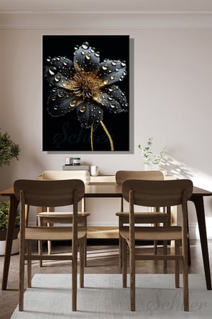 Dikey Tekli Kanvas Duvar Tablosu Modern Salon Mutfak Yatak Odası Ofis Gold Efekt Siyah Çiçek