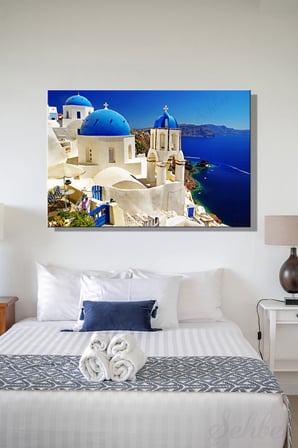 Kanvas Duvar Tablosu Yatay Tekli Salon Mutfak Yatak Odası Ofis Santorini Adası Mavi Kubbeli Kilise