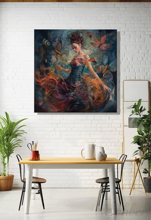 Kanvas Duvar Tablosu Kare Tekli Salon Mutfak Yatak Odası Ofis Dijital Sanat Dans Eden Kelebek Kadın 