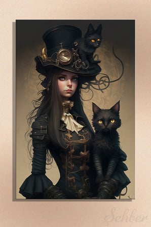 Dikey Kanvas Duvar Tablosu Tekli Salon Mutfak Yatak Odası Ofis Steampunk Dijital Kedili Kadın