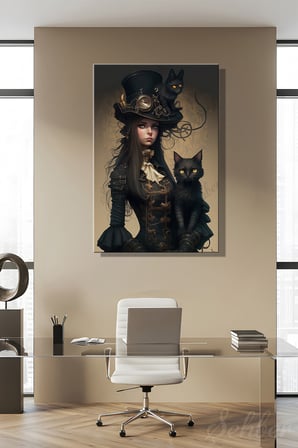 Dikey Kanvas Duvar Tablosu Tekli Salon Mutfak Yatak Odası Ofis Steampunk Dijital Kedili Kadın