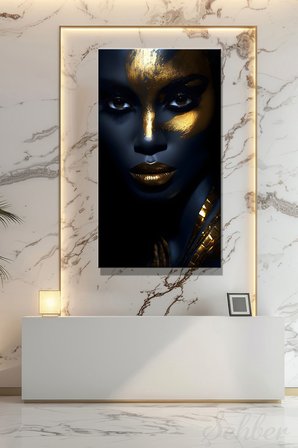Panoramik Dikey Kanvas Tablo Tekli Kuaför Güzellik Salonu Makyaj Gold Efekt Siyahi Kadın Portre